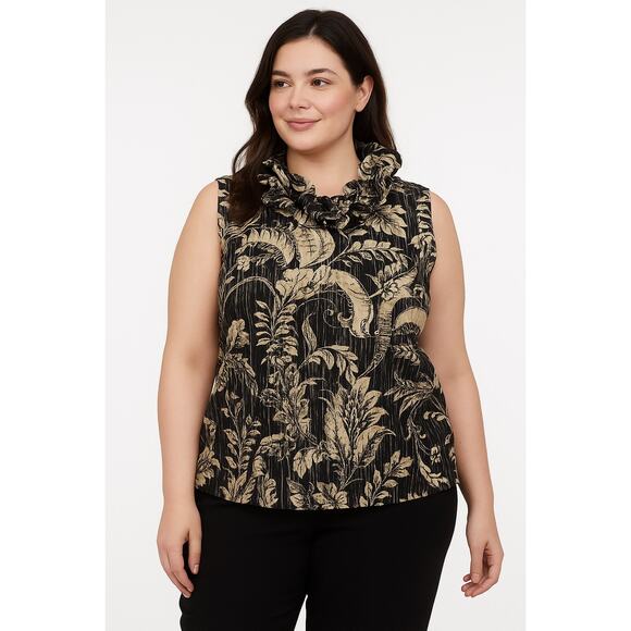 Chic Floral Ruffle Collar Black Beige Blouse Lauren Ralph Lauren 1X - Picture 1 of 5
